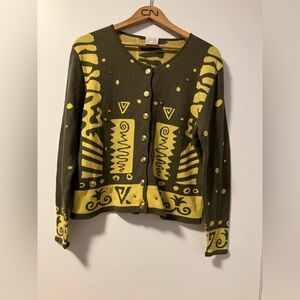 Vintage Mondi Olive Green and Yellow Knit Sweater with Gold buttons and studs